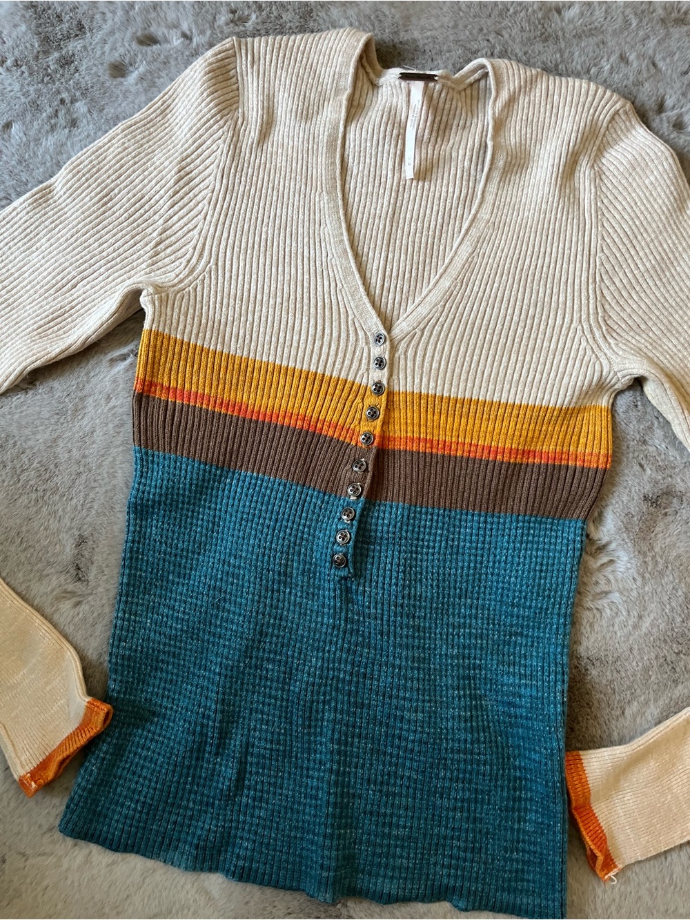 Free People V Neck Henley Ribbed Knit Colour Block Sweater Tan Blue Slim Retro